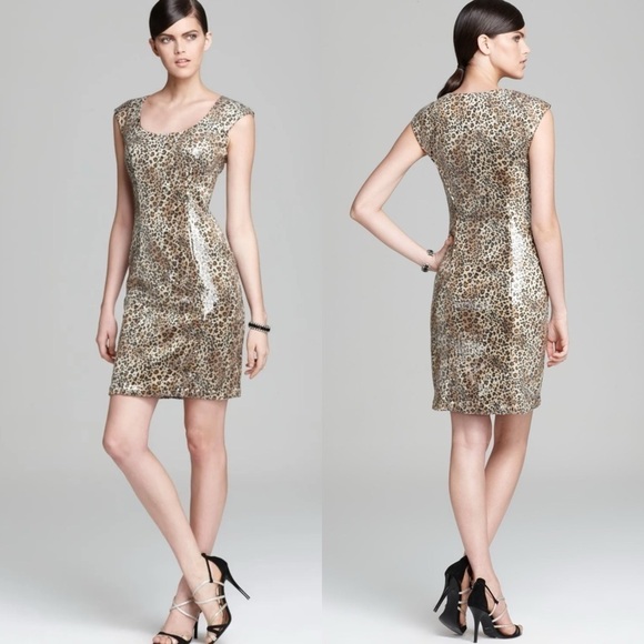 SUE WONG NOCTURNE SEQUIN LEOPARD CAP SLEEVE SCOOP NECK RETRO COCKTAIL DRESS - Picture 1 of 15